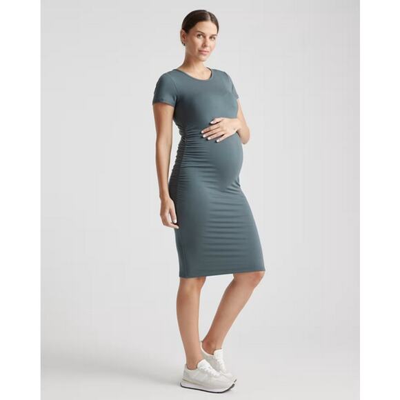 Quince Dark Olive Tencel Jersey Maternity Ruched Dress  Size S NWT - Picture 1 of 7